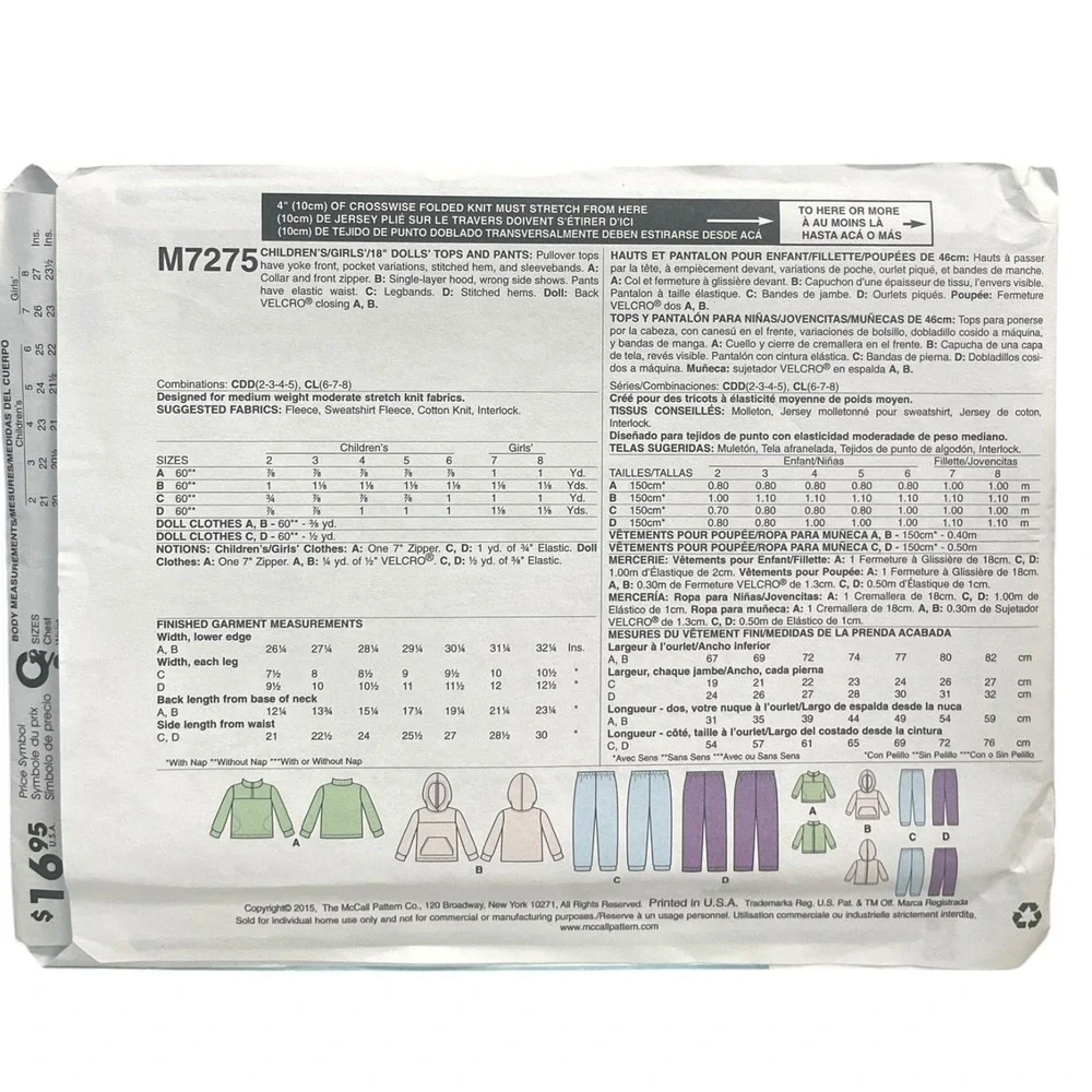 McCall's M7275 Girls' Hoodie Pants 18
